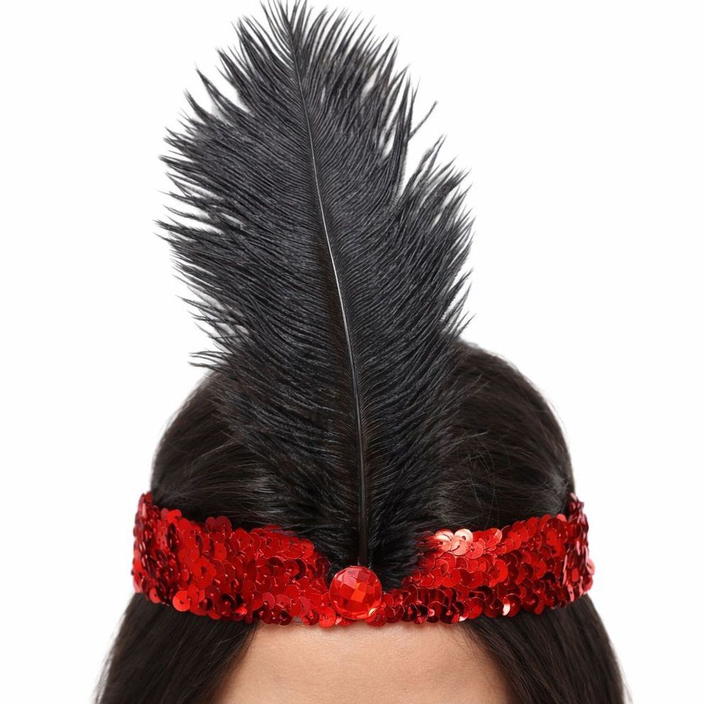 Red Sequin Flapper Headband with Black Ostrich Feather & Red Gem