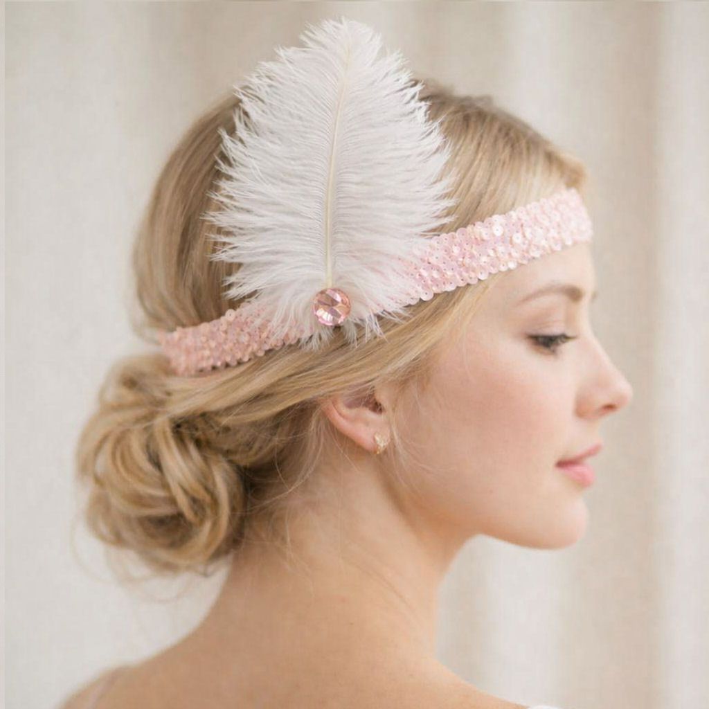 Baby Pink Sequin Flapper Headband with White Ostrich Feather & Pink Gem