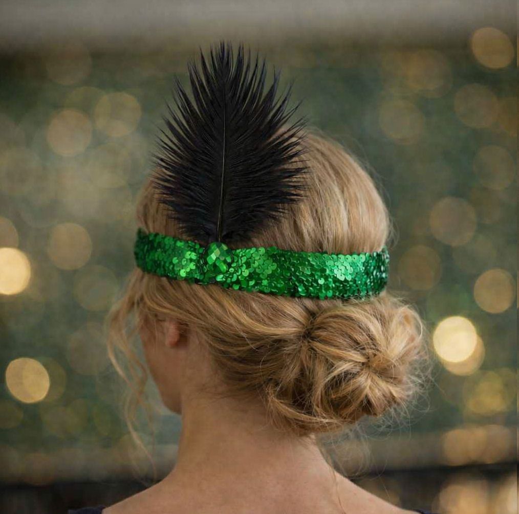 Green Sequin Flapper Headband with Black Ostrich Feather