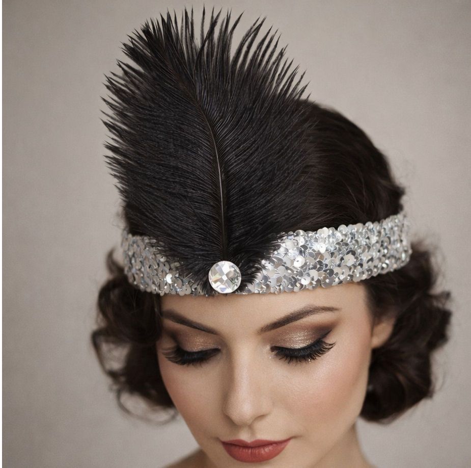 Silver Sequin Flapper Headband with Black Ostrich Feather & Clear Gem