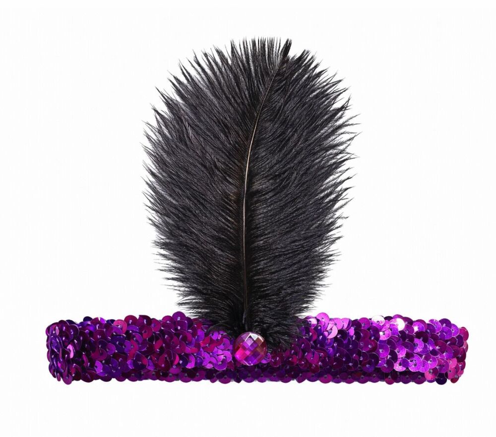Purple Sequin Flapper Headband with Black Ostrich Feather