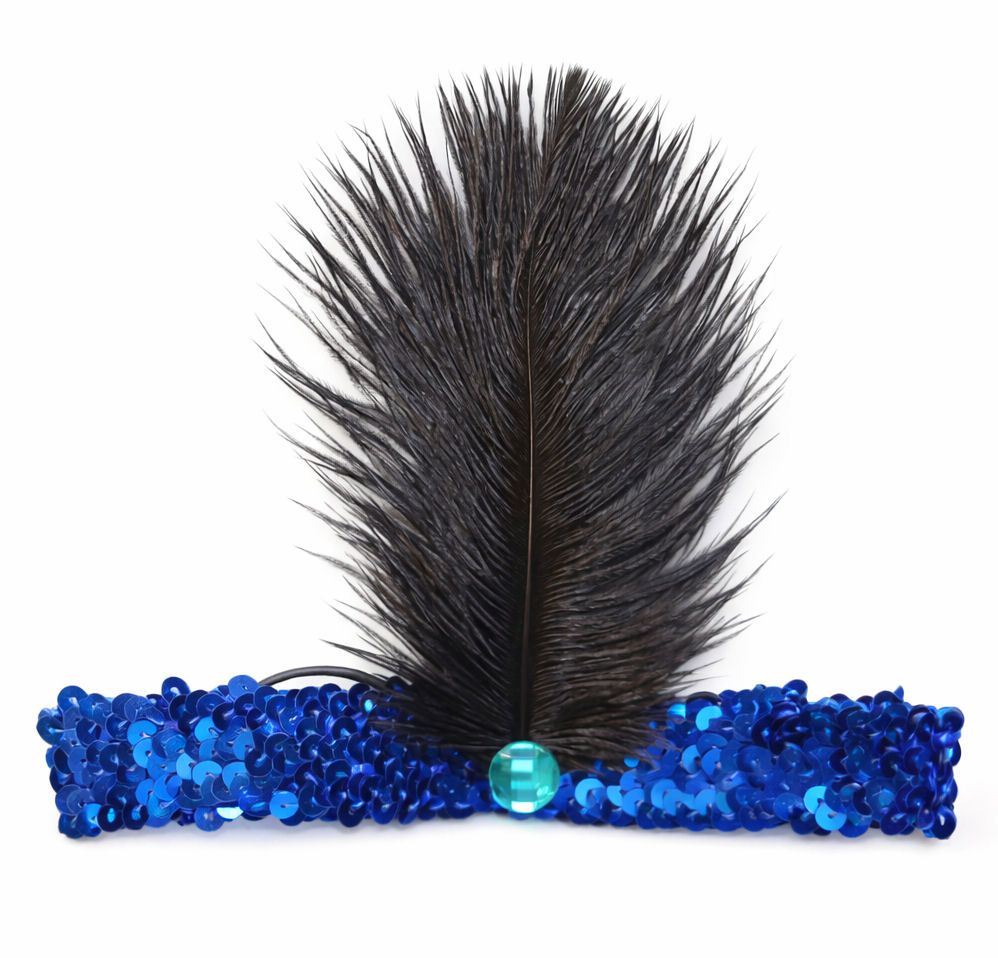 Royal Blue Sequin Flapper Headband with Black Ostrich Feather