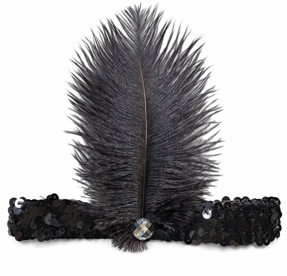 Black Sequin Flapper Headband with Black Ostrich Feather