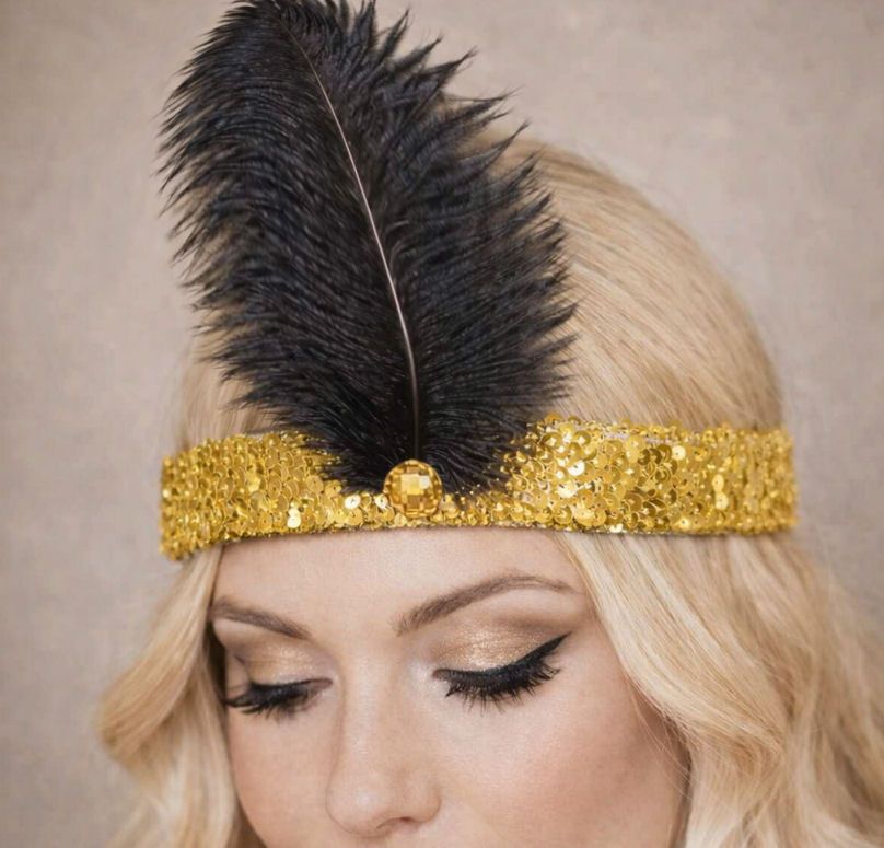 Gold Sequin Flapper Headband with Black Ostrich Feather