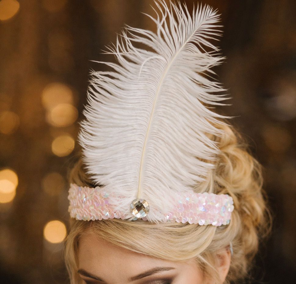 White Sequin Flapper Headband with White Ostrich Feather & Clear Gem