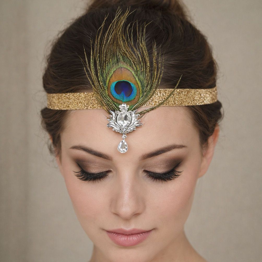 Gold Sequin Peacock Feather Headband with Silver Crystal Brooch
