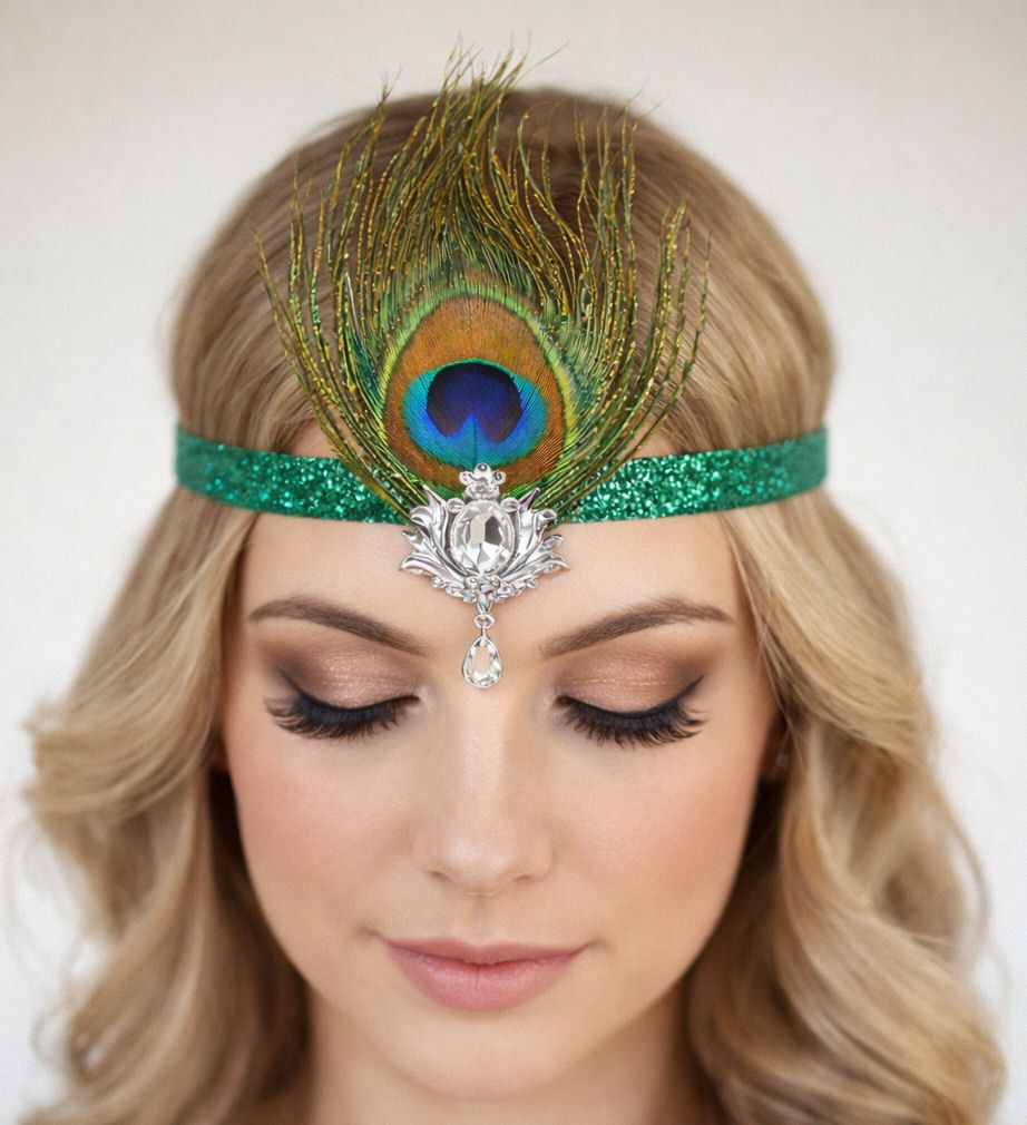 Green Sequin Peacock Feather Headband with Crystal Drop