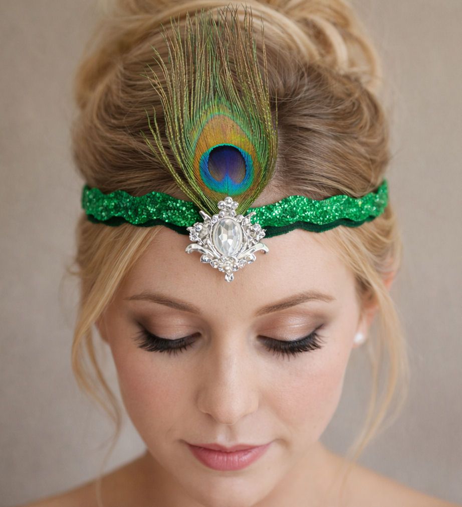 Peacock Feather Green Glitter Headband with Silver Gem Centerpiece