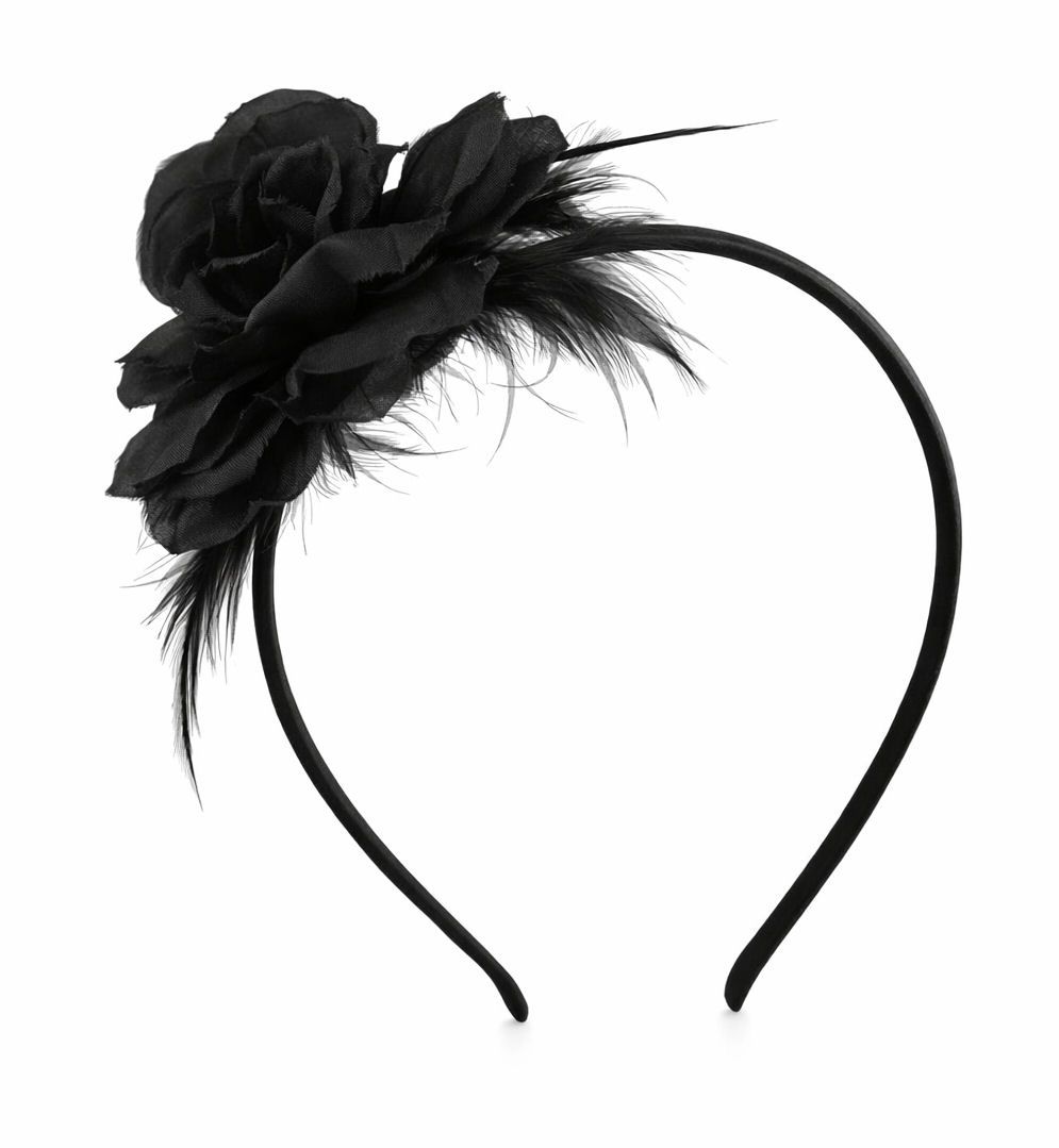 Black Fabric Flower & Feather Headband &ndash; Elegant Statement Hair Accessory
