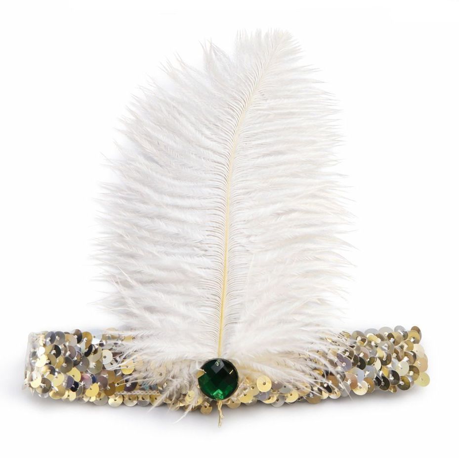 Silver Sequin Flapper Headband with White Ostrich Feather & Green Gem