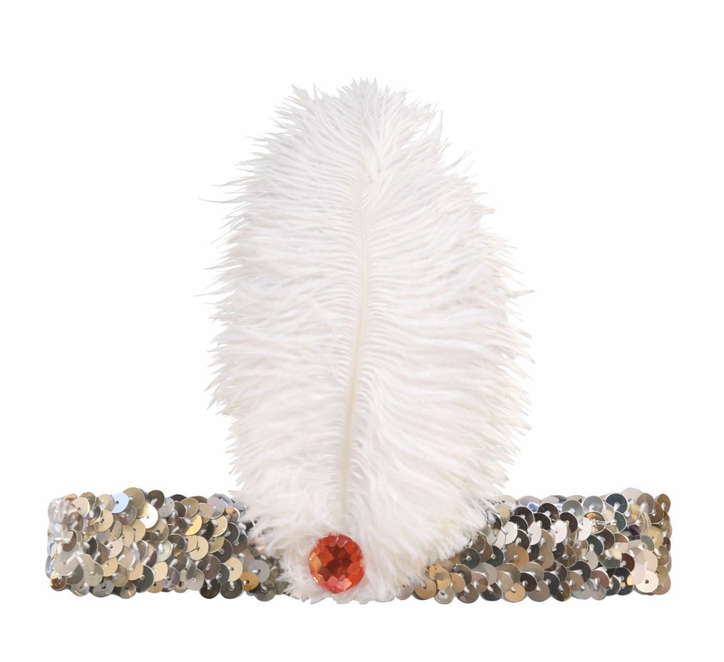 Sequin Flapper Headband with White Ostrich Feather & Pink Gem