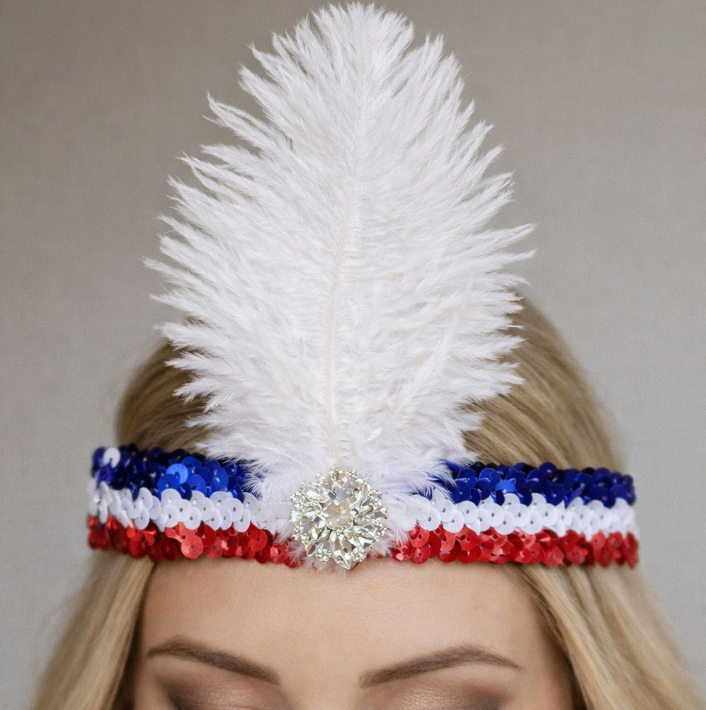 Red, White & Blue Sequin Feather Headband &ndash; Choice of Gemstone Centerpiece