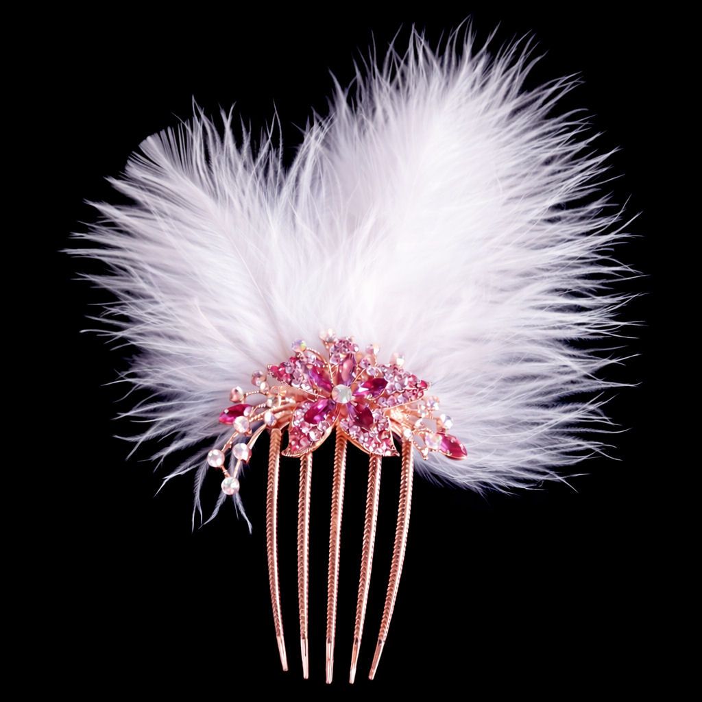 Pink and Gold Floral Hair Comb with White Feathers