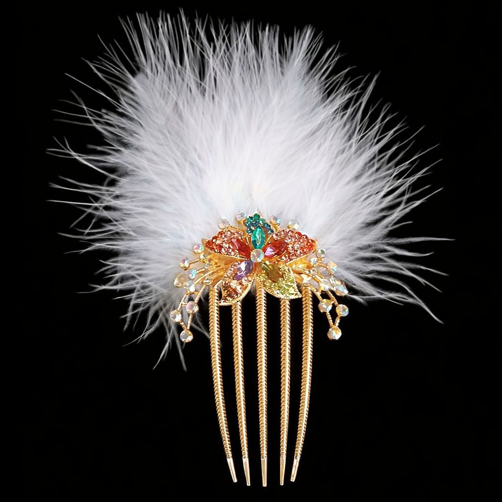 Rose Gold Feather Gemstone Hair Comb &ndash; Elegant Floral Crystal Design