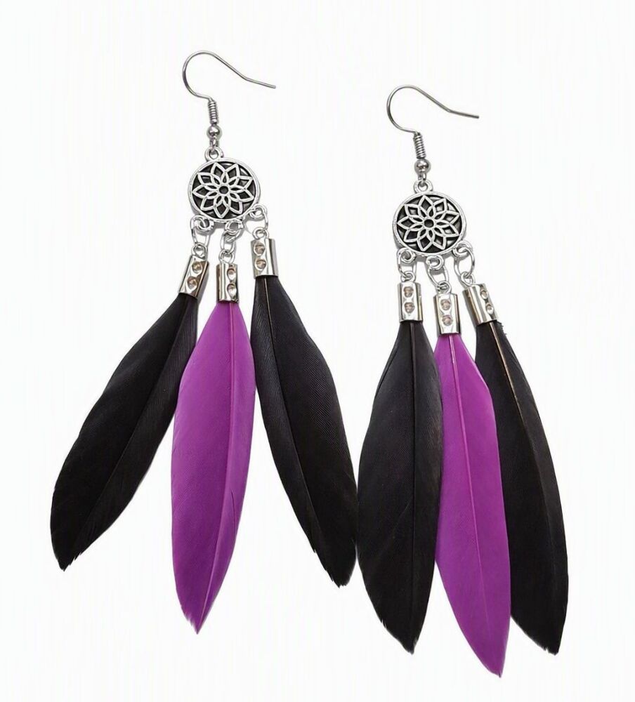 Black and Regal Purple Feather Earrings &ndash; Handmade Boho Dangle Jewellery with Silver Filigree