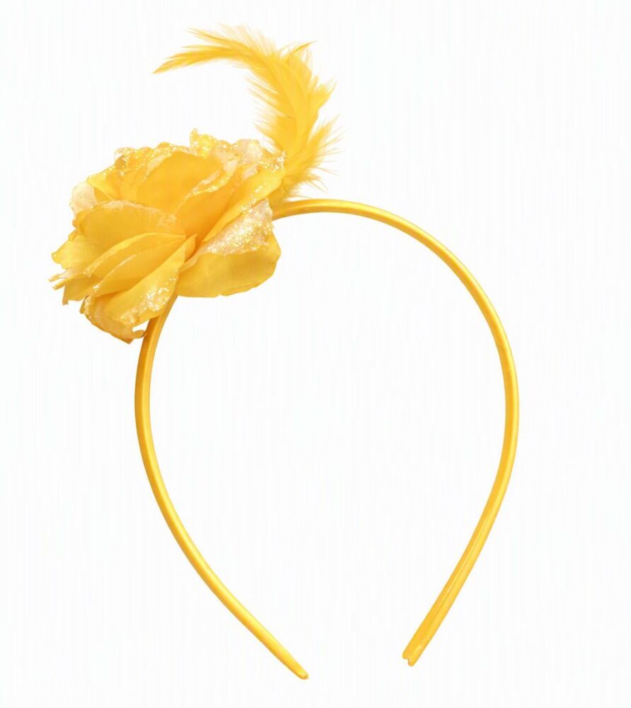 Yellow Glitter Fabric Flower Headband with Feathers &ndash; Handmade Sparkling Hair Accessory