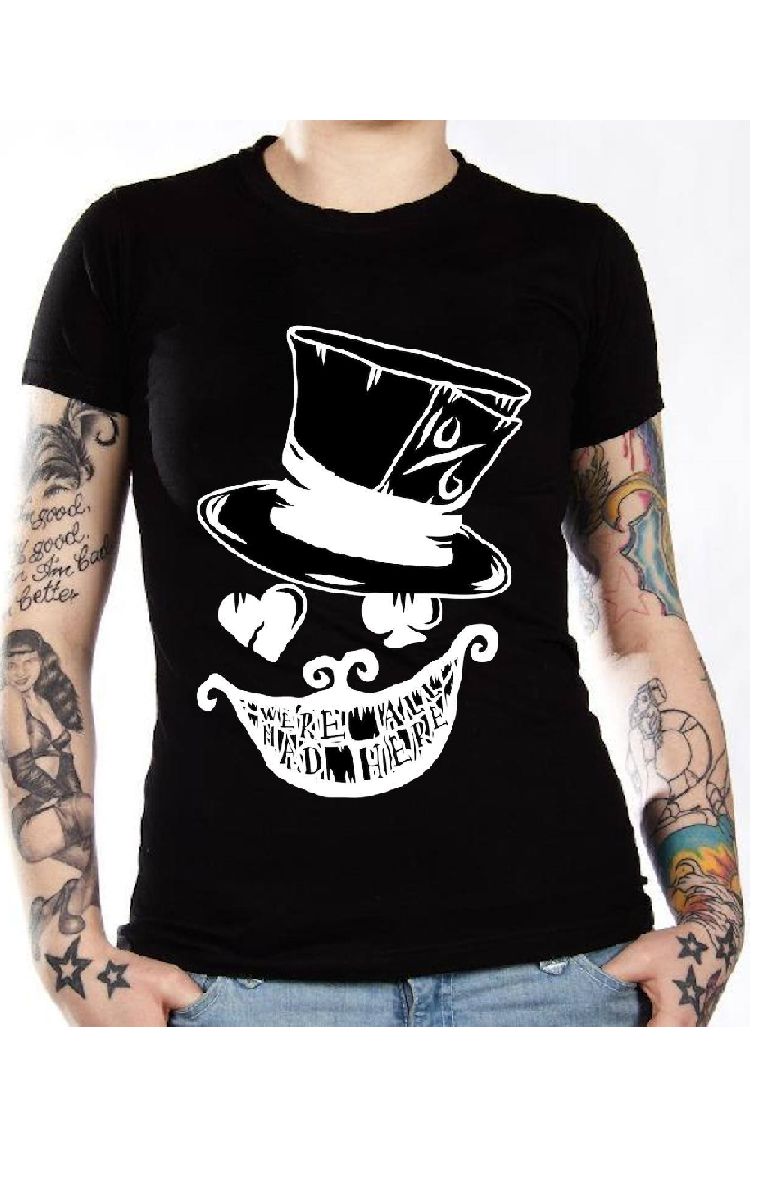 We're All Mad Here T Shirt (Black And White)