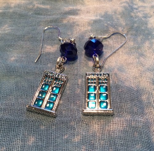 Dr Who Earrings Tardis Blue Police Box Charms Sterling
