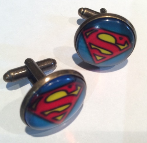 Superman Cufflinks Glass Cabochon Antique Brass Handmade