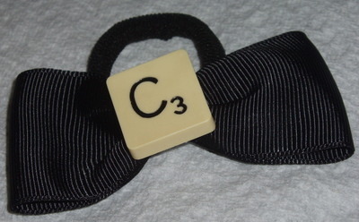 Scrabble Pony Tail Bow Personalised Letter Black Ribbon Swarovski