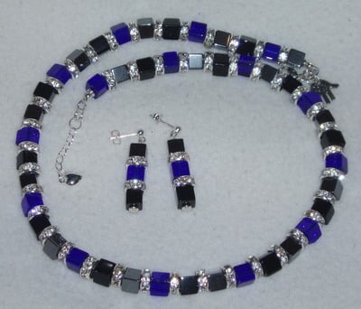 Hematite Glass Crystal Cube Necklace Earrings Handmade