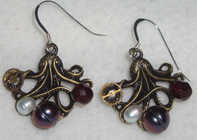 Steampunk Octopus Earrings Brass Antique Watch Pearls Vintage