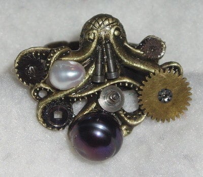 Steampunk Octopus Ring Brass Antique Watch Pearls Unique