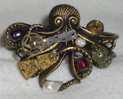 Steampunk Octopus Cuff Bracelet Brass Antique Watch Pearls Vintage
