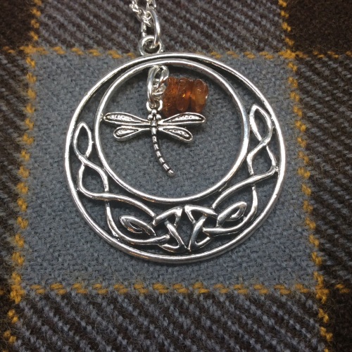 Outlander Inspired Celtic Knot Dragonfly Amber Pendant