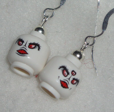Lego Earrings MiniFigure Head Red Eyes Re-cycled