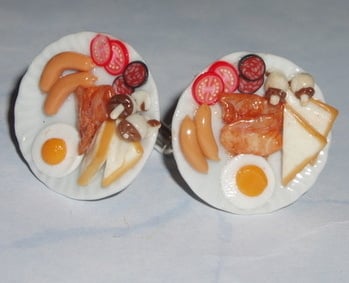 Big Breakfast Cufflinks Plate Fry Fried Bacon Eggs Sausages Chips