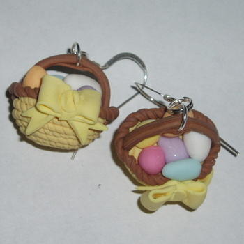 Easter Basket Earrings Fimo Eggs Yellow Ribbon Straw Hat Sterling