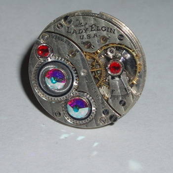 Steampunk Ring Vintage Lady Elgin Watch Movement Swarovski