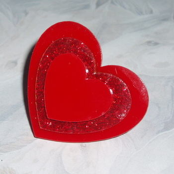 Heart Ring Three Red Acrylic Glitter Laser Kitsch Stylish