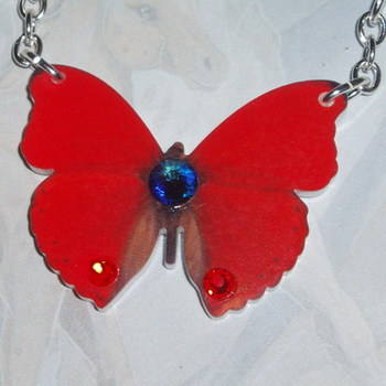 Butterfly Pendant Necklace Red Acrylic Laser Swarovski Meridian Siam