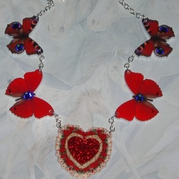 Butterfly Necklace Red Acrylic Laser Swarovski Meridian Siam