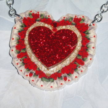 Heart Pendant Necklace Floral Red Glitter Acrylic Laser