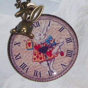 Alice White Rabbit Pendant Photo Hearts Vintage Brass Bunny Charm