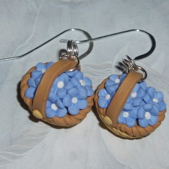 Flower Basket Earrings Fimo Straw Blue Handmade Sterling
