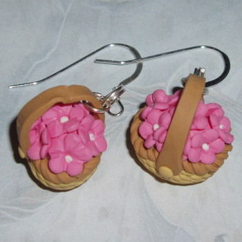Flower Basket Earrings Fimo Straw Pink Handmade Sterling