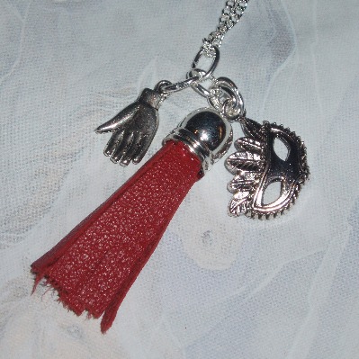 50 Shades of Grey Necklace Red Leather Tassel Charm Recycled