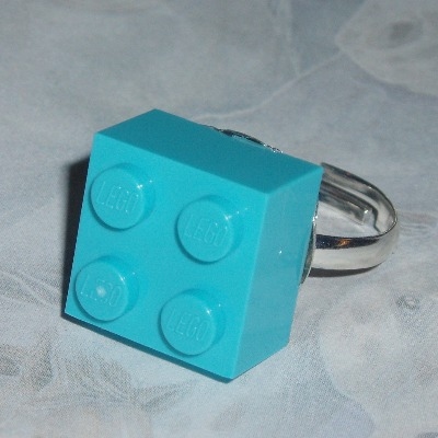 Lego Ring 2x2 Brick Azure Turquoise Swarovski Rare Geek Retro