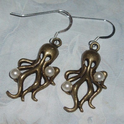 Steampunk Octopus Earrings Brass Antique Pearls Vintage