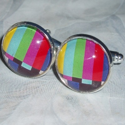 Test Card Cufflinks Glass Cabochon Colour TV Screen Pattern