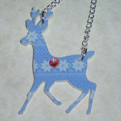 Rudolph Pendant Necklace Blue Snowflake Christmas Acrylic