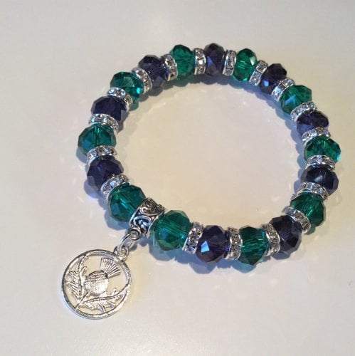 Scottish Thistle Bracelet Purple Green Crystal Charm Stretch