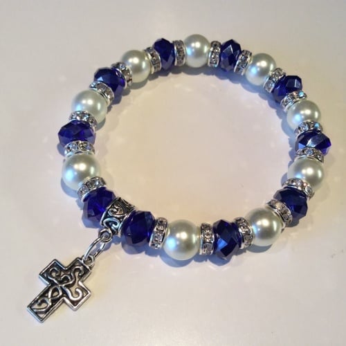 Celtic Cross Bracelet Pearl Crystal Charm Stretch