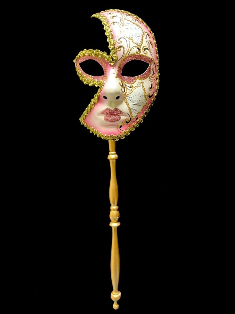 Venetian Masquerade Mask On A Stick - Decor Era Gold Pink