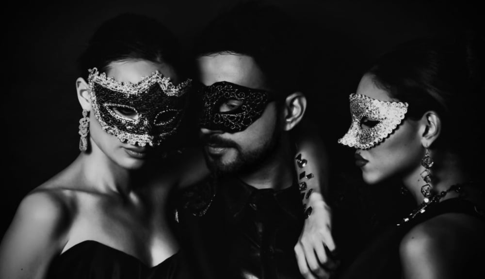 venetian-party-masquerade-masks Elegant Venetian party masks worn at a masquerade event