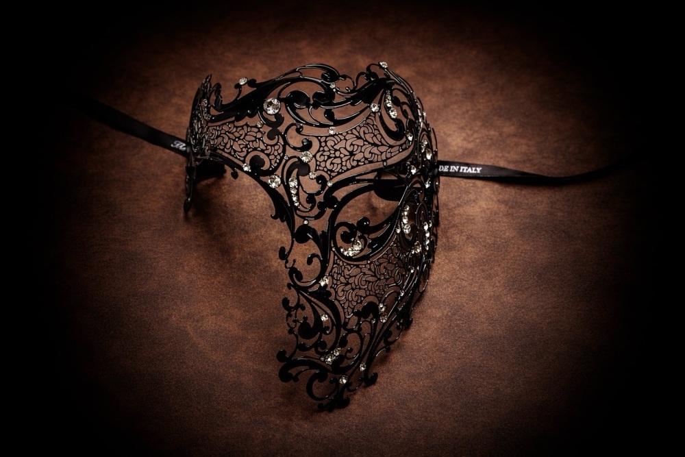 Deluxe Phantom Filigree Metal Lace Mask - Nero Black